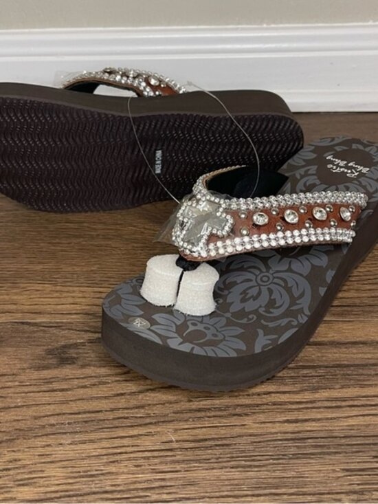 Rustic Bling Bling Shoes - Rustic Bling Bling Wedge Flip Flops Brown Rhinestone Sandals XL- Brand New